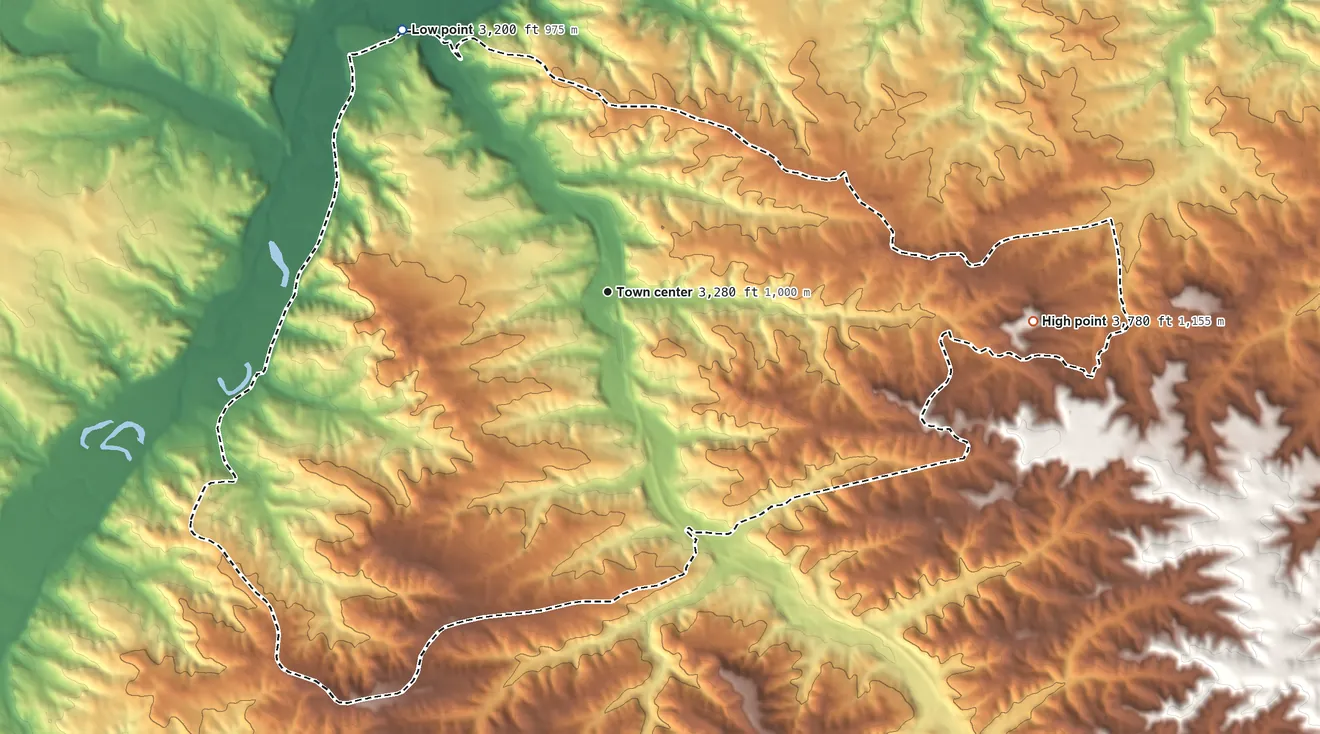 Topographic elevation map of Klein, Montana, shaded from 3,200 ft on the northwest side to 3,780 ft on the east side