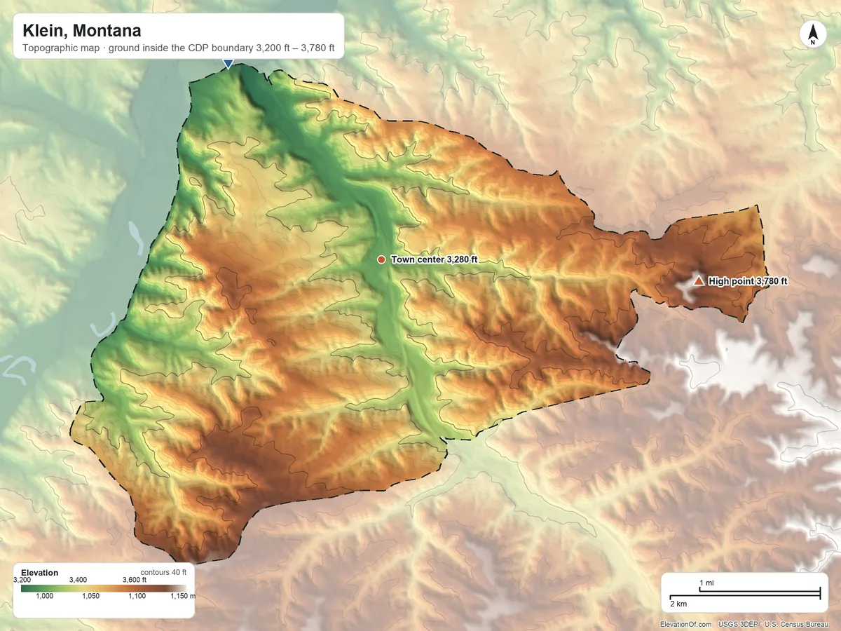 Topographic elevation map of Klein, Montana, shaded from 3,200 ft on the northwest side to 3,780 ft on the east side