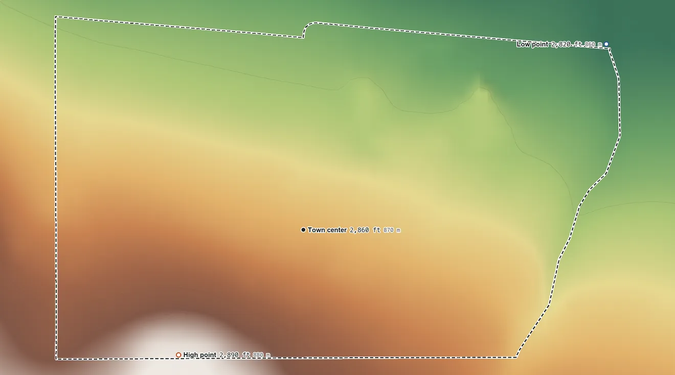 Topographic elevation map of Kremlin, Montana, shaded from 2,820 ft on the northeast side to 2,890 ft on the southwest side