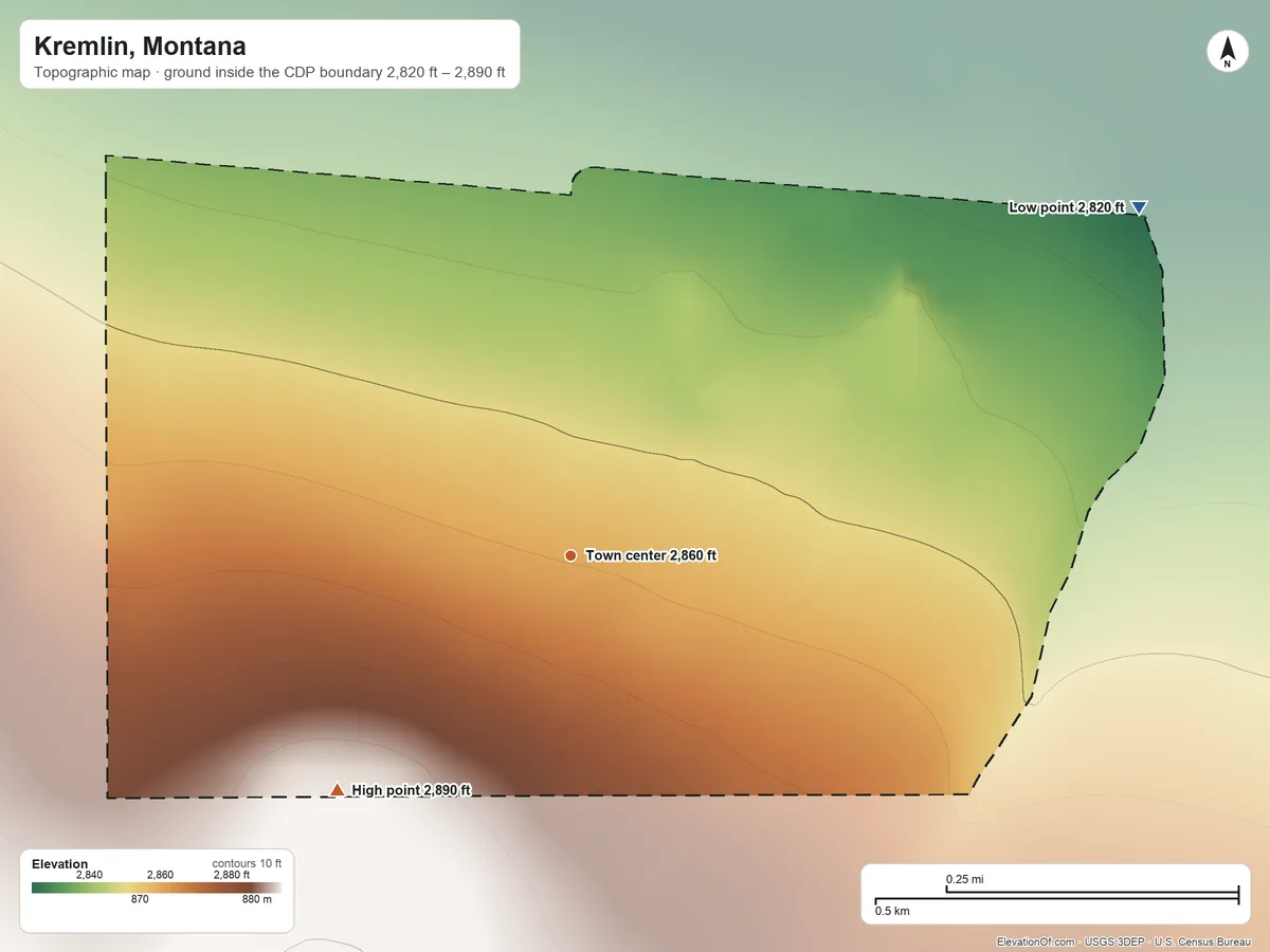Topographic elevation map of Kremlin, Montana, shaded from 2,820 ft on the northeast side to 2,890 ft on the southwest side
