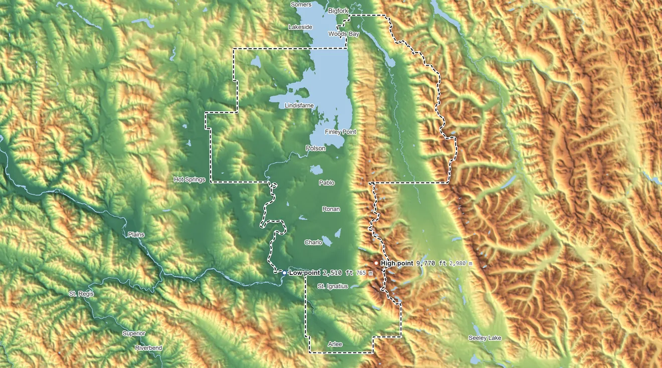 Topographic elevation map of Lake County, Montana, shaded from 2,510 ft on the southwest side to 9,770 ft on McDonald Peak