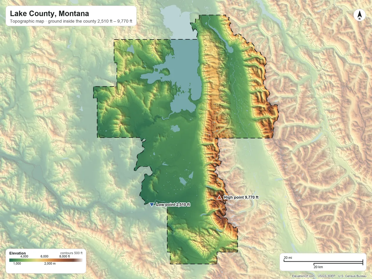 Topographic elevation map of Lake County, Montana, shaded from 2,510 ft on the southwest side to 9,770 ft on McDonald Peak