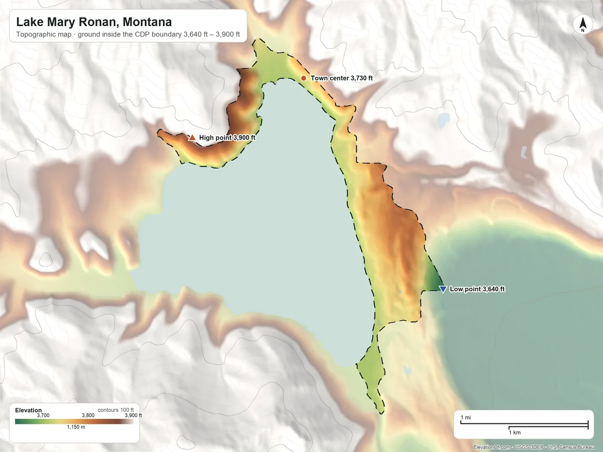Topographic elevation map of Lake Mary Ronan, Montana, shaded from 3,640 ft on the southeast side to 3,900 ft on the southwest edge, below higher ground just outside
