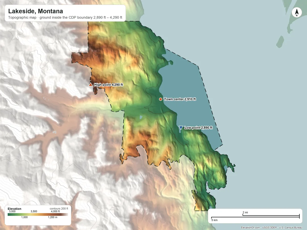 Topographic elevation map of Lakeside, Montana, shaded from 2,890 ft on the southeast side to 4,290 ft on the west edge, below higher ground just outside