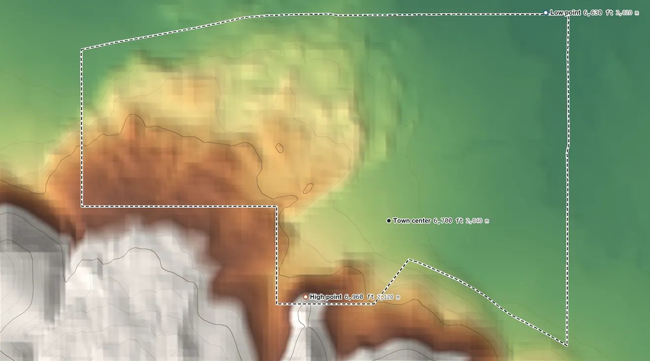 Topographic elevation map of Lakeview, Montana, shaded from 6,630 ft on the northeast side to 6,960 ft at the foot of the Centennial Mountains