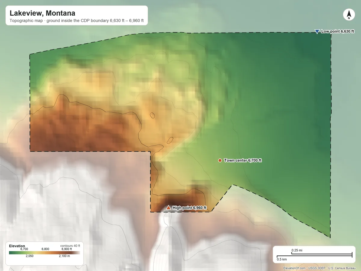 Topographic elevation map of Lakeview, Montana, shaded from 6,630 ft on the northeast side to 6,960 ft at the foot of the Centennial Mountains