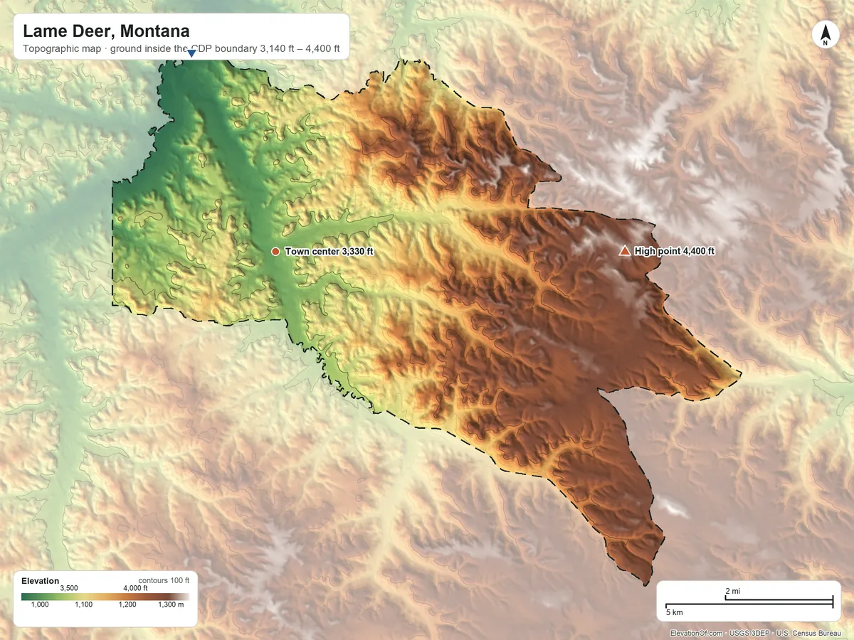 Topographic elevation map of Lame Deer, Montana, shaded from 3,140 ft on the northwest side to 4,400 ft on the east side