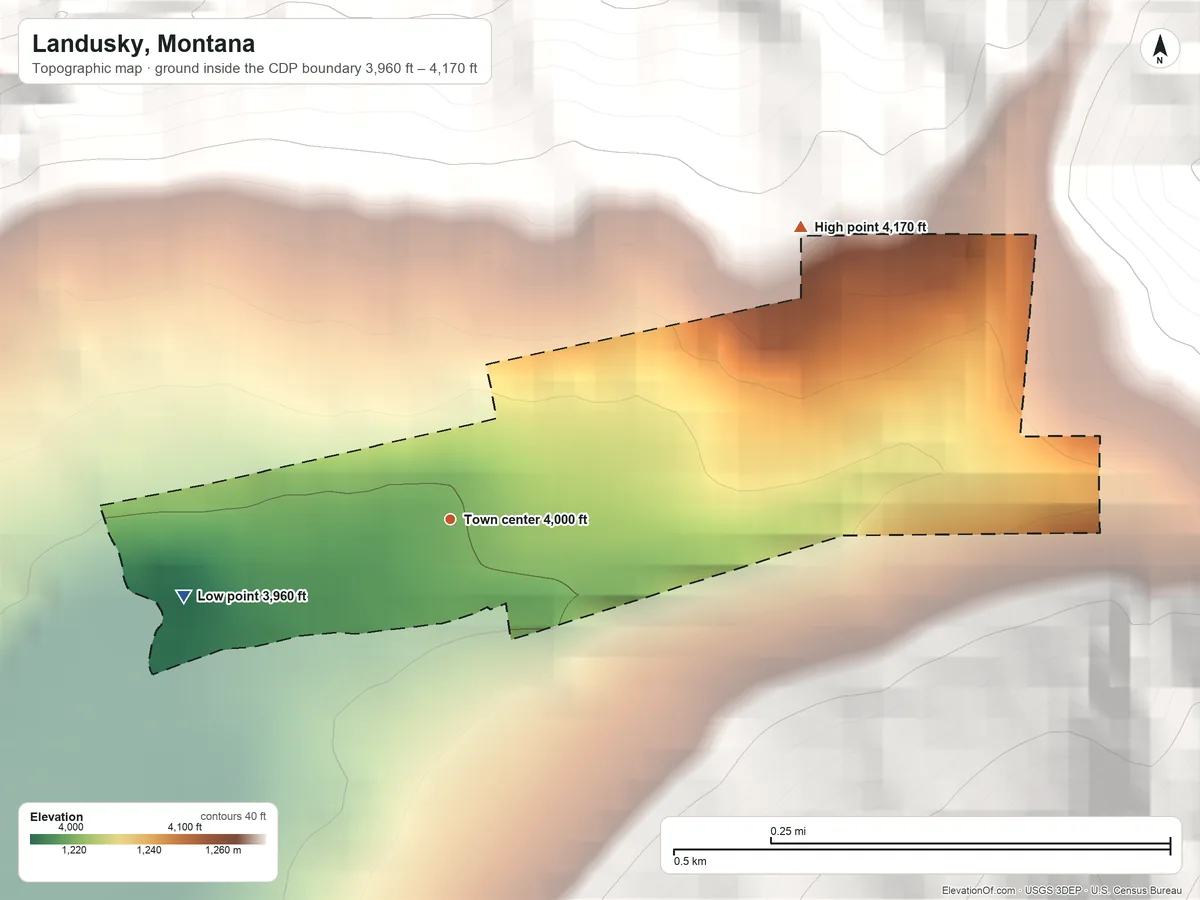 Topographic elevation map of Landusky, Montana, shaded from 3,960 ft on the west side to 4,170 ft at the foot of the Little Rocky Mountains