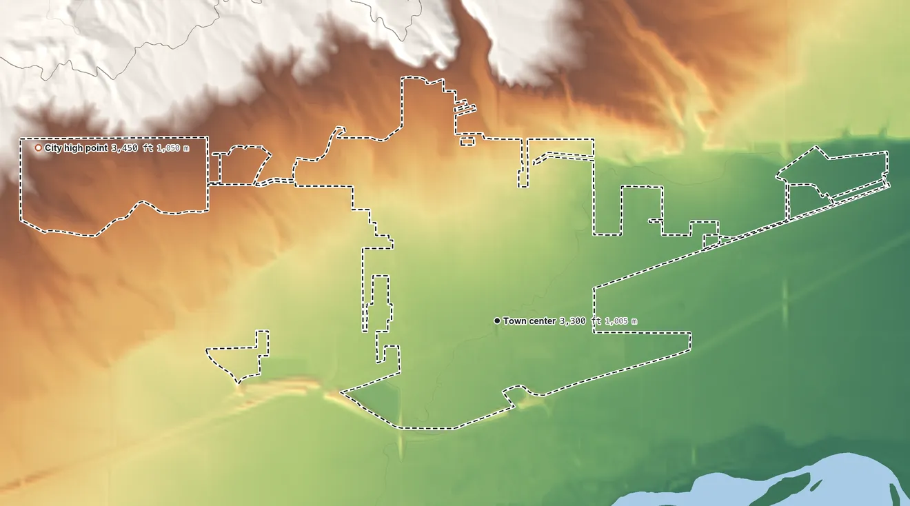 Topographic elevation map of Laurel, Montana, shaded from 3,260 ft on the southeast side to 3,450 ft on the west edge, below higher ground just outside