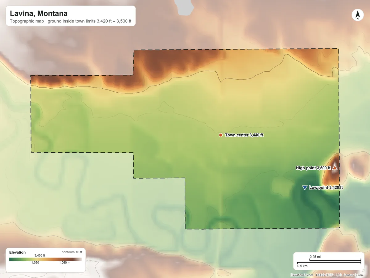 Topographic elevation map of Lavina, Montana, shaded from 3,420 ft on the southeast side to 3,500 ft on the east side