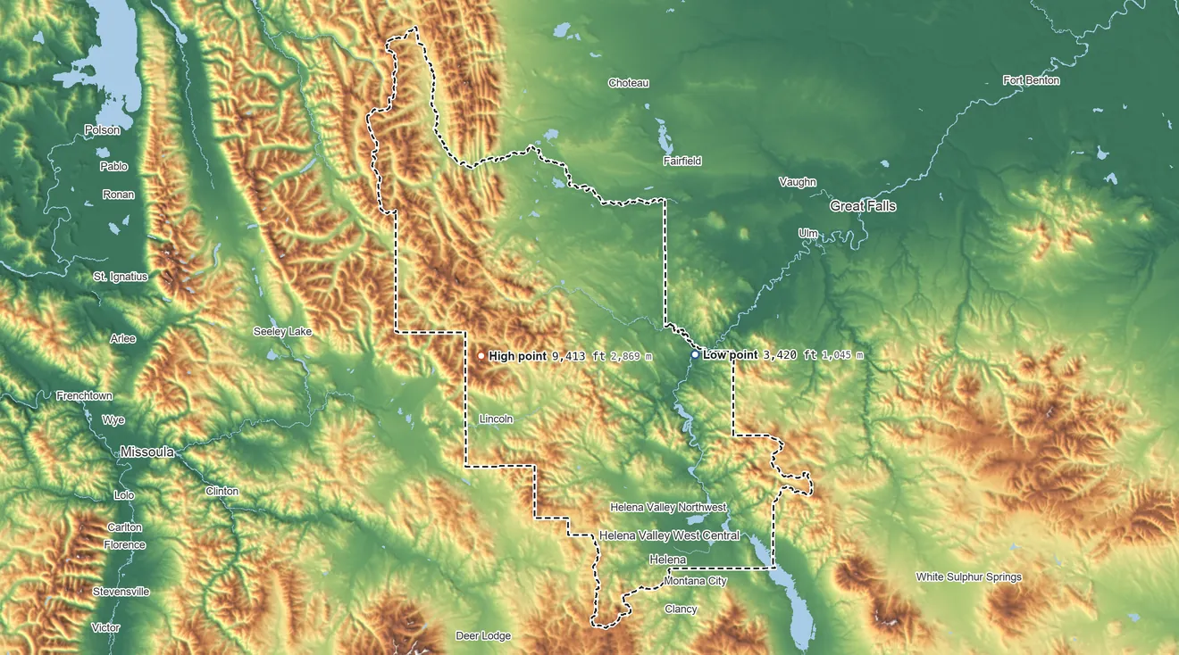Topographic elevation map of Lewis and Clark County, Montana, shaded from 3,420 ft on the east side to 9,413 ft on Red Mountain