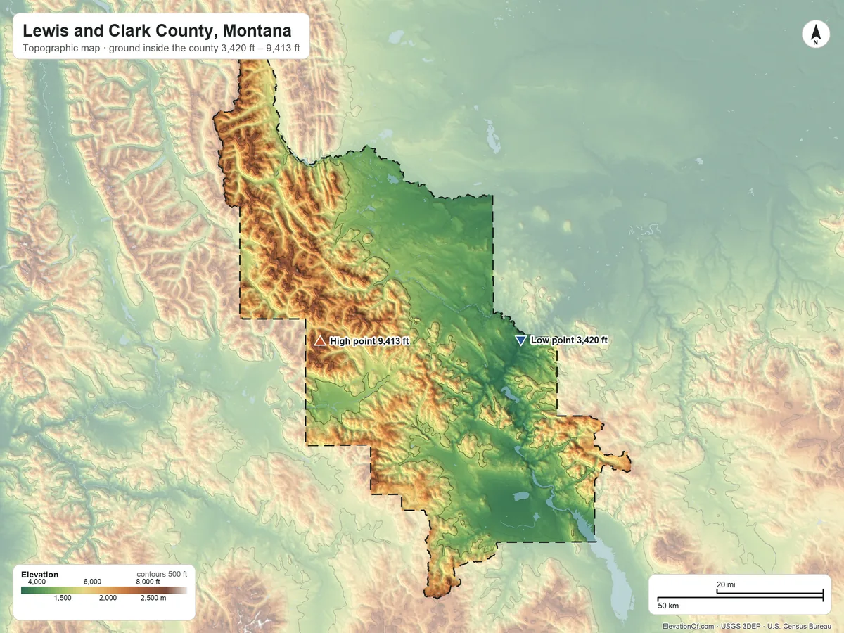Topographic elevation map of Lewis and Clark County, Montana, shaded from 3,420 ft on the east side to 9,413 ft on Red Mountain
