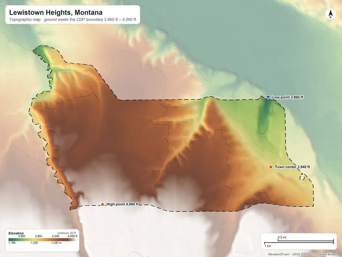 Topographic elevation map of Lewistown Heights, Montana, shaded from 3,860 ft on the north side to 4,060 ft on the west side