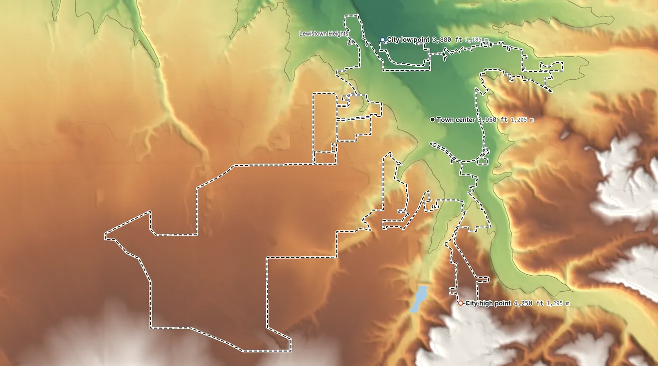 Topographic elevation map of Lewistown, Montana, shaded from 3,880 ft on the northwest side to 4,250 ft on the south side