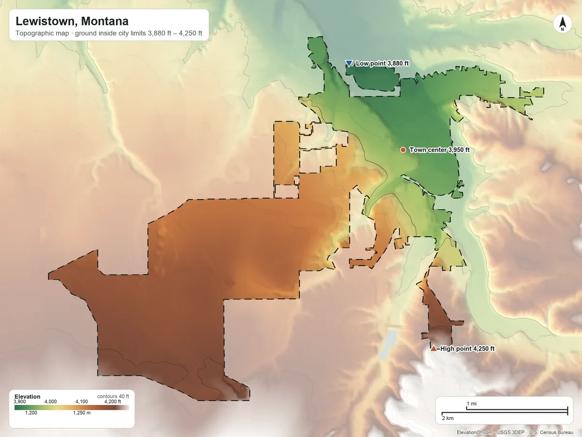 Topographic elevation map of Lewistown, Montana, shaded from 3,880 ft on the northwest side to 4,250 ft on the south side