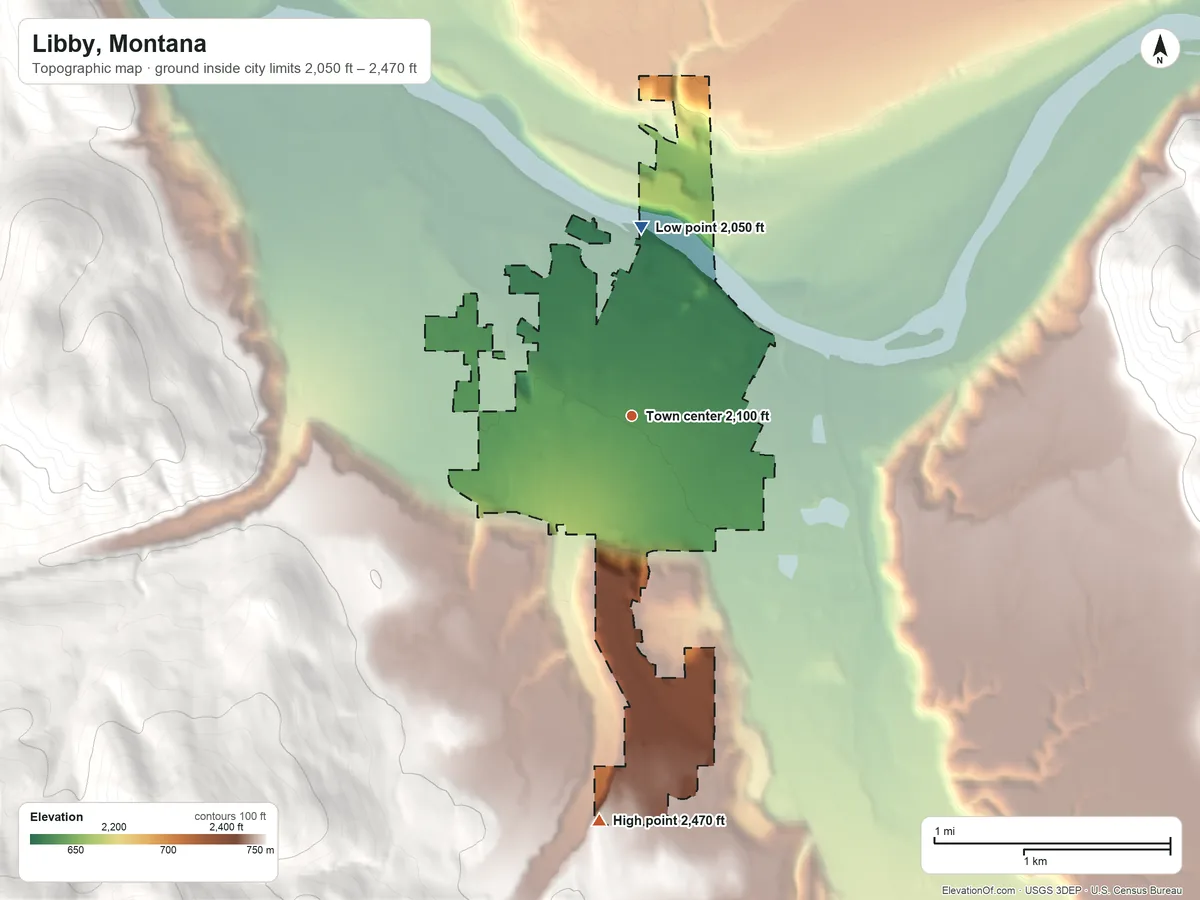 Topographic elevation map of Libby, Montana, shaded from 2,050 ft on the north side to 2,470 ft at the foot of the Cabinet Mountains