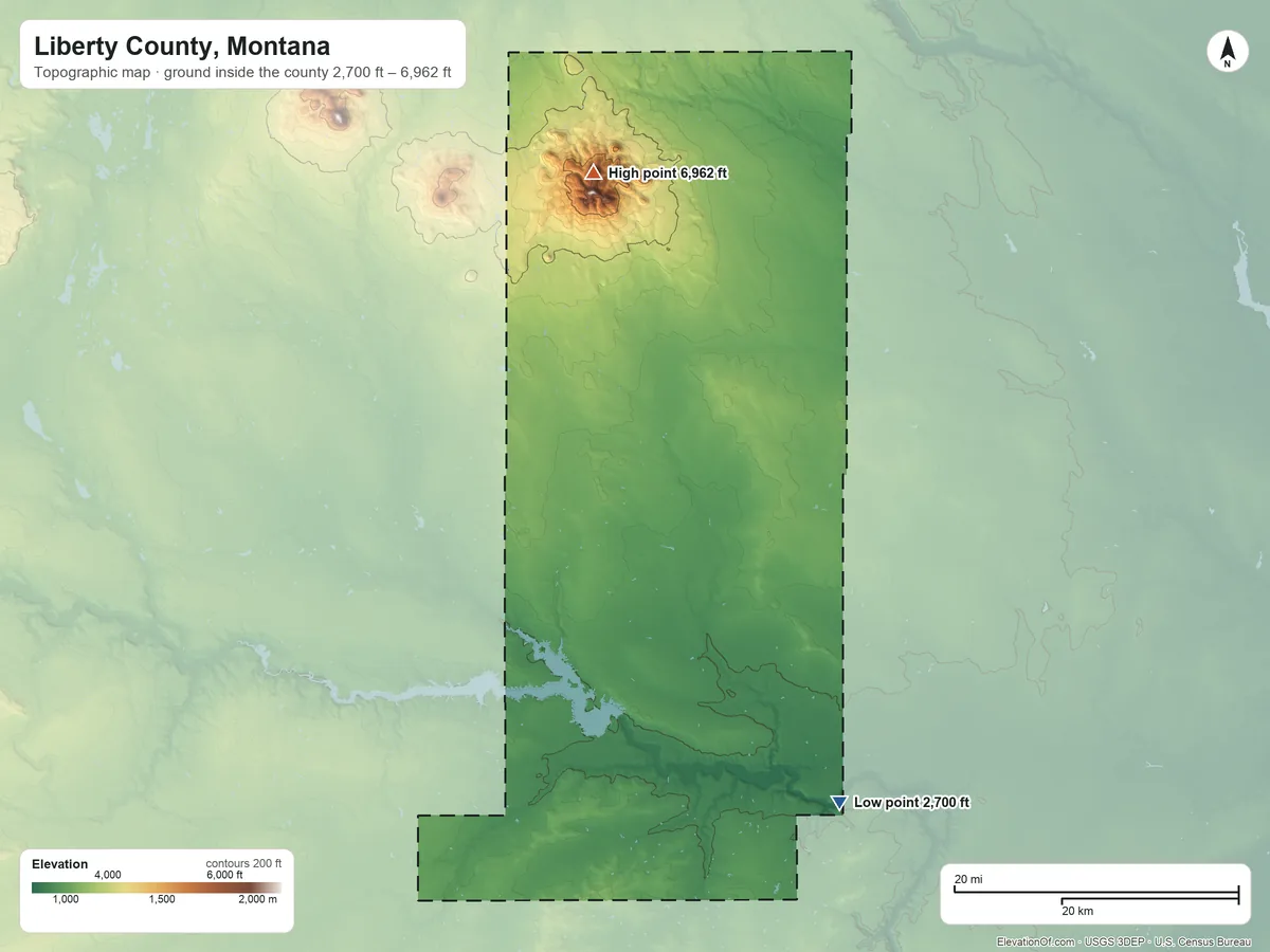 Topographic elevation map of Liberty County, Montana, shaded from 2,700 ft on the southeast side to 6,962 ft on Mount Brown