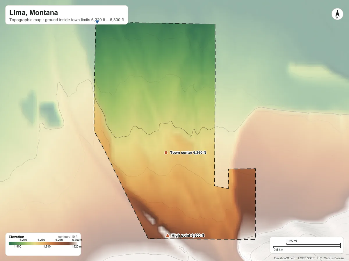 Topographic elevation map of Lima, Montana, shaded from 6,220 ft on the northwest side to 6,300 ft at the foot of the Tendoy Mountains
