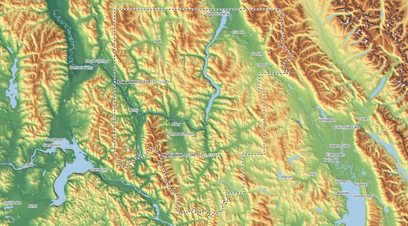 Topographic elevation map of Lincoln County, Montana, shaded from 1,810 ft on the west side to 8,700 ft on Snowshoe Peak
