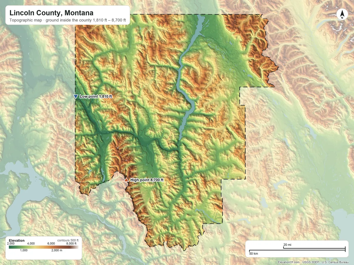 Topographic elevation map of Lincoln County, Montana, shaded from 1,810 ft on the west side to 8,700 ft on Snowshoe Peak