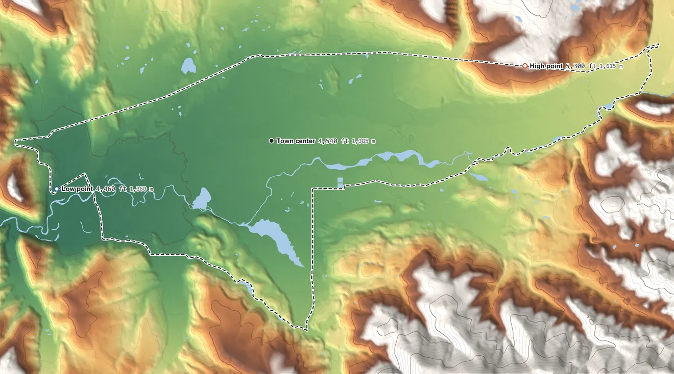 Topographic elevation map of Lincoln, Montana, shaded from 4,460 ft on the west side to 5,300 ft at the foot of the General Robert E Lee Range (not official)