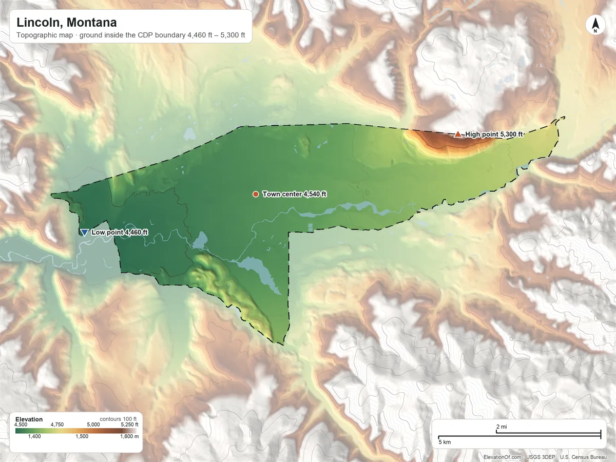 Topographic elevation map of Lincoln, Montana, shaded from 4,460 ft on the west side to 5,300 ft at the foot of the General Robert E Lee Range (not official)