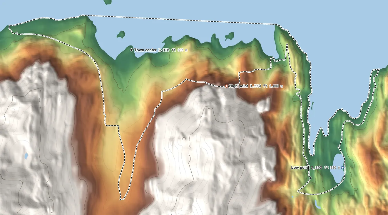 Topographic elevation map of Lindisfarne, Montana, shaded from 2,890 ft on the southeast side to 3,550 ft on the east edge, below higher ground just outside