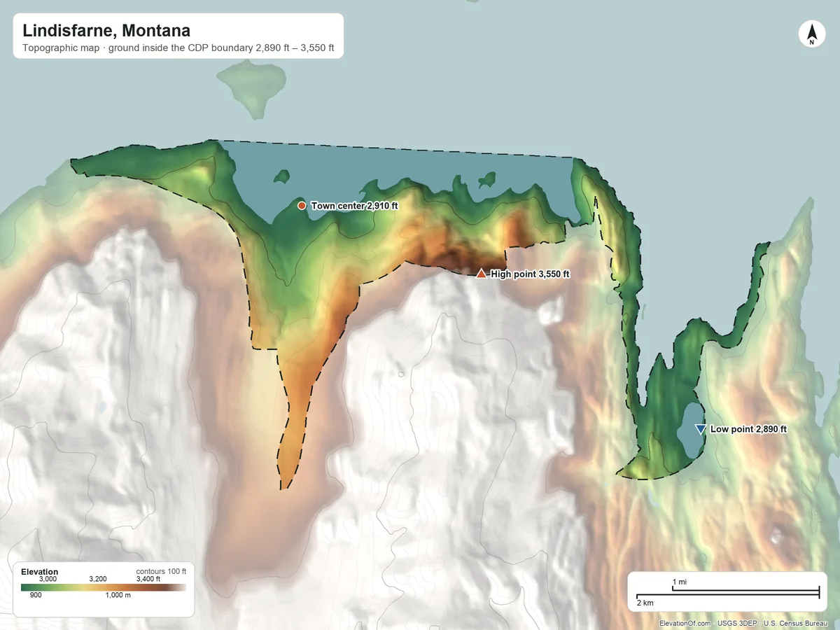 Topographic elevation map of Lindisfarne, Montana, shaded from 2,890 ft on the southeast side to 3,550 ft on the east edge, below higher ground just outside