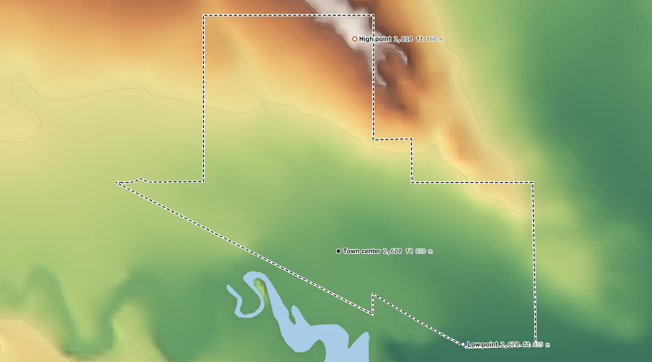 Topographic elevation map of Lindsay, Montana, shaded from 2,670 ft on the southeast side to 2,810 ft on the north side