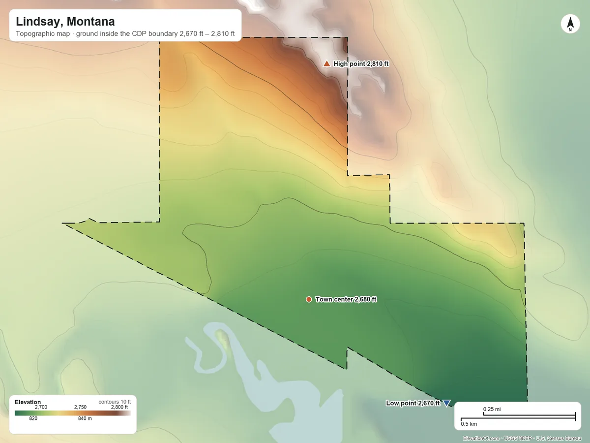 Topographic elevation map of Lindsay, Montana, shaded from 2,670 ft on the southeast side to 2,810 ft on the north side