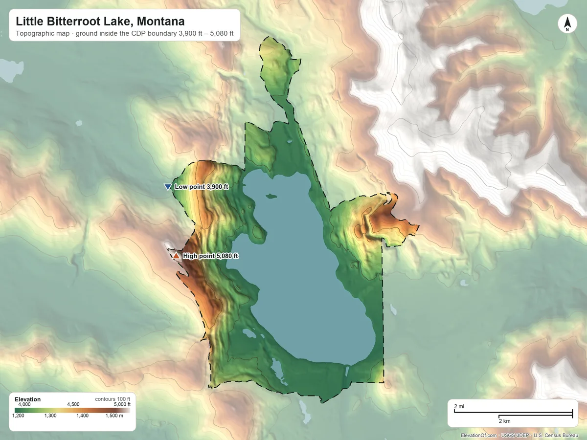 Topographic elevation map of Little Bitterroot Lake, Montana, shaded from 3,900 ft on the northwest side to 5,080 ft on the west side