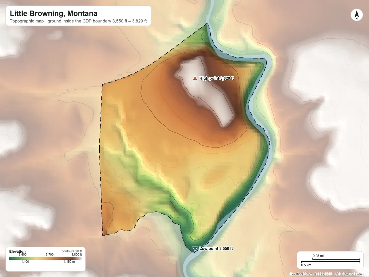 Topographic elevation map of Little Browning, Montana, shaded from 3,550 ft on the southeast side to 3,820 ft on the northeast side