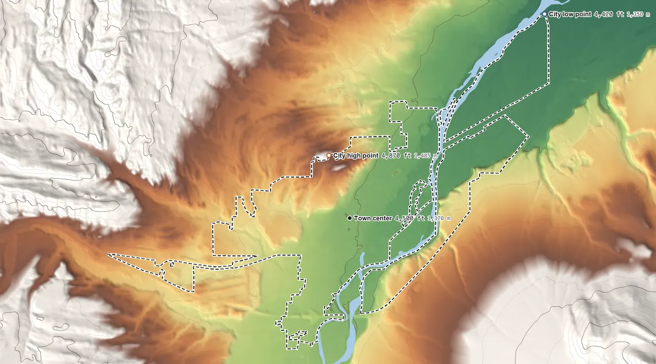 Topographic elevation map of Livingston, Montana, shaded from 4,420 ft on the northeast side to 4,870 ft on the north side