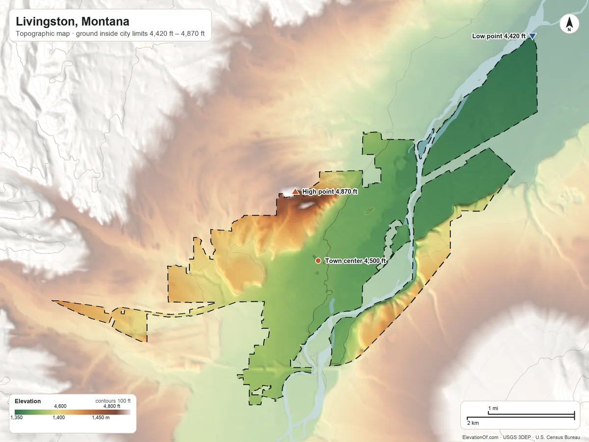 Topographic elevation map of Livingston, Montana, shaded from 4,420 ft on the northeast side to 4,870 ft on the north side