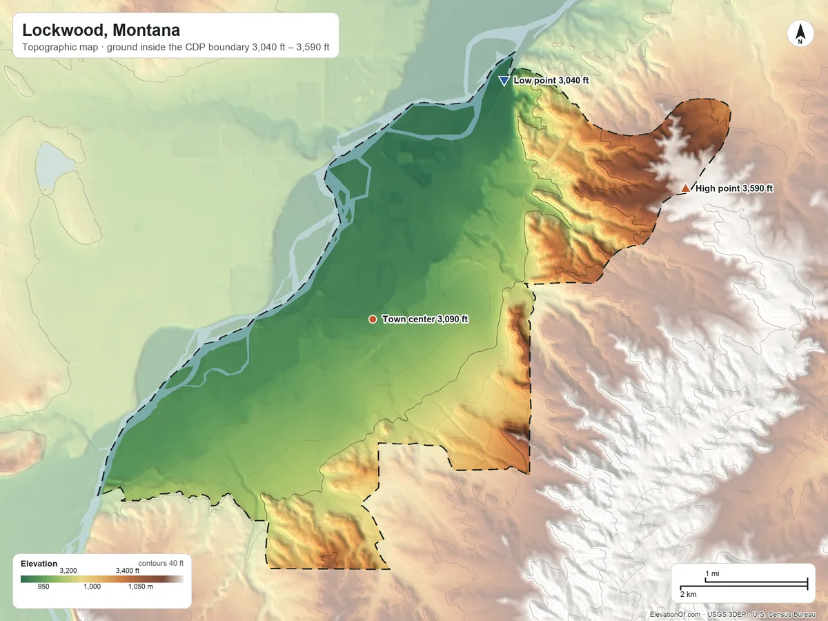Topographic elevation map of Lockwood, Montana, shaded from 3,040 ft on the northeast side to 3,590 ft on the northeast side