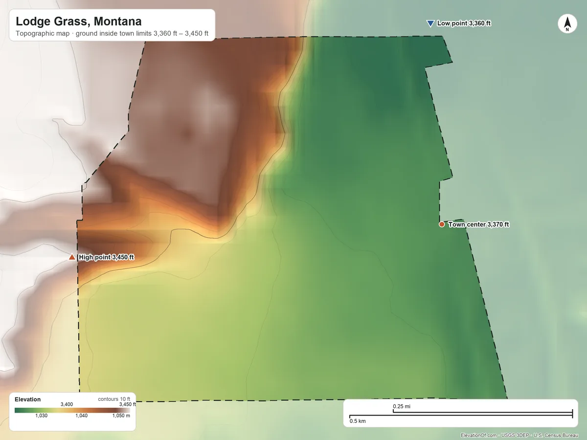 Topographic elevation map of Lodge Grass, Montana, shaded from 3,360 ft on the north side to 3,450 ft on the west side