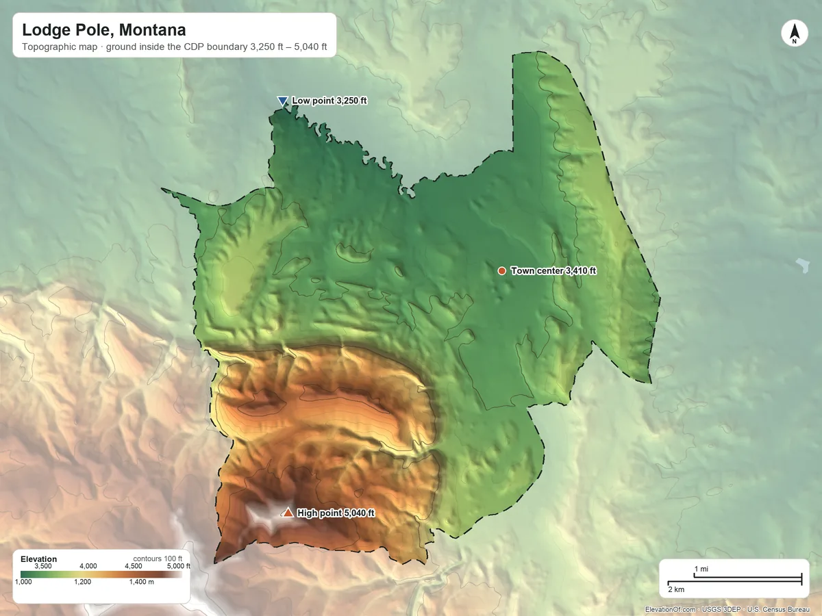 Topographic elevation map of Lodge Pole, Montana, shaded from 3,250 ft on the northwest side to 5,040 ft on the southwest side