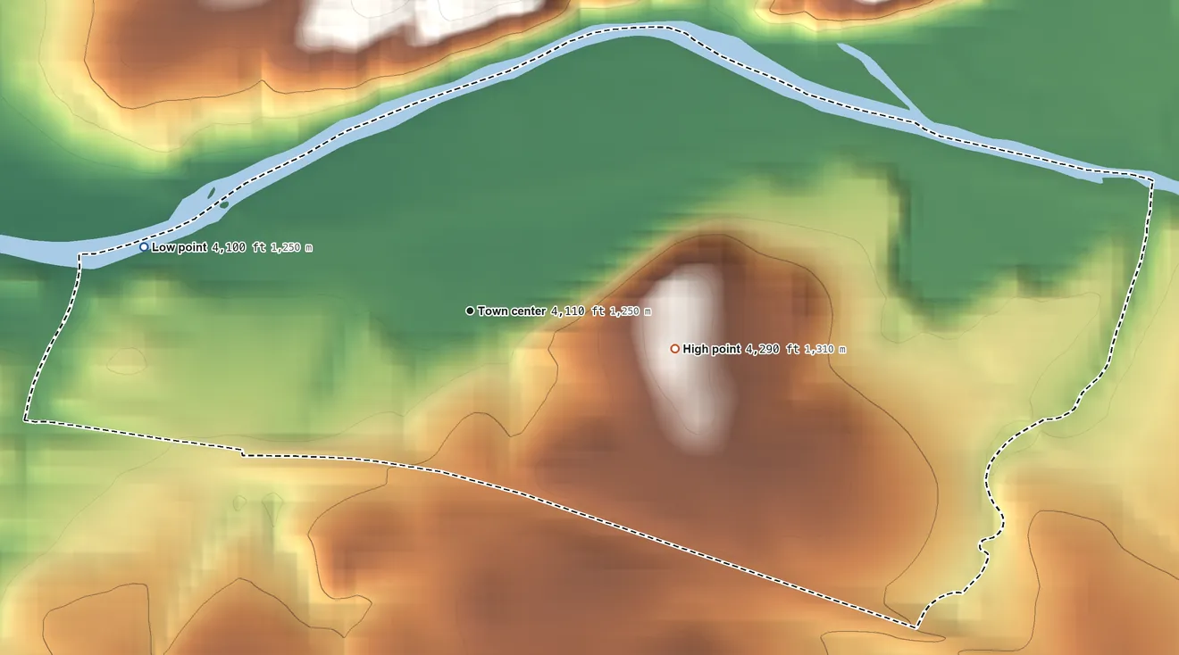 Topographic elevation map of Logan, Montana, shaded from 4,100 ft on the west side to 4,290 ft at the foot of the Horseshoe Hills
