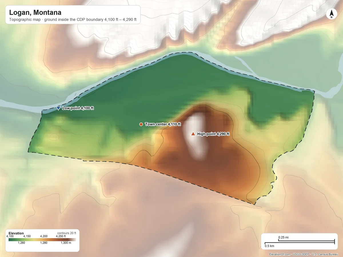 Topographic elevation map of Logan, Montana, shaded from 4,100 ft on the west side to 4,290 ft at the foot of the Horseshoe Hills