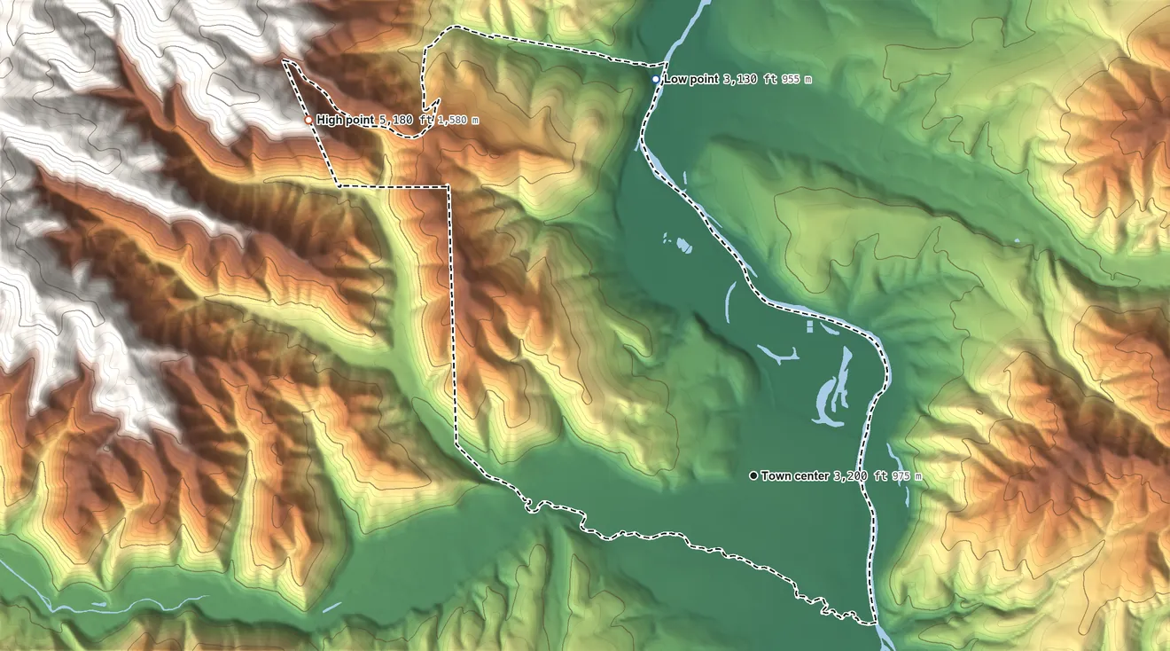 Topographic elevation map of Lolo, Montana, shaded from 3,130 ft on the north side to 5,180 ft at the foot of the South Hills