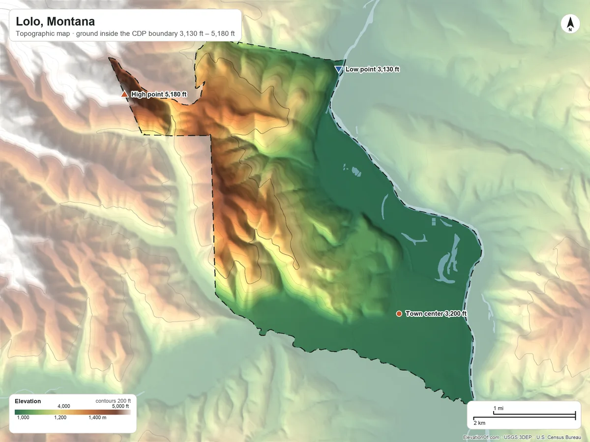 Topographic elevation map of Lolo, Montana, shaded from 3,130 ft on the north side to 5,180 ft at the foot of the South Hills