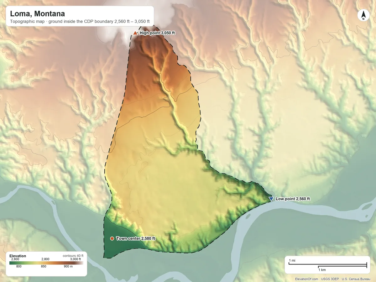 Topographic elevation map of Loma, Montana, shaded from 2,560 ft on the east side to 3,050 ft on the north side
