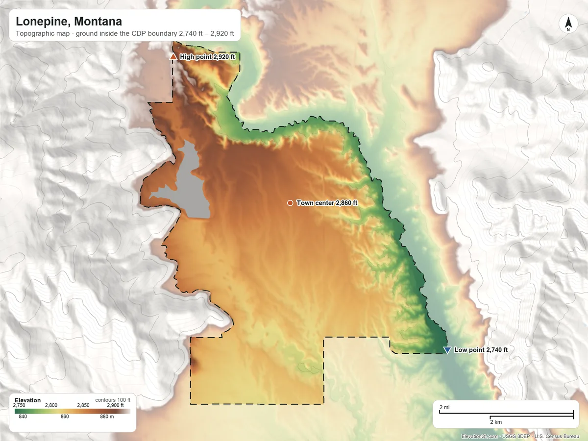 Topographic elevation map of Lonepine, Montana, shaded from 2,740 ft on the southeast side to 2,920 ft on the northwest edge, below higher ground just outside