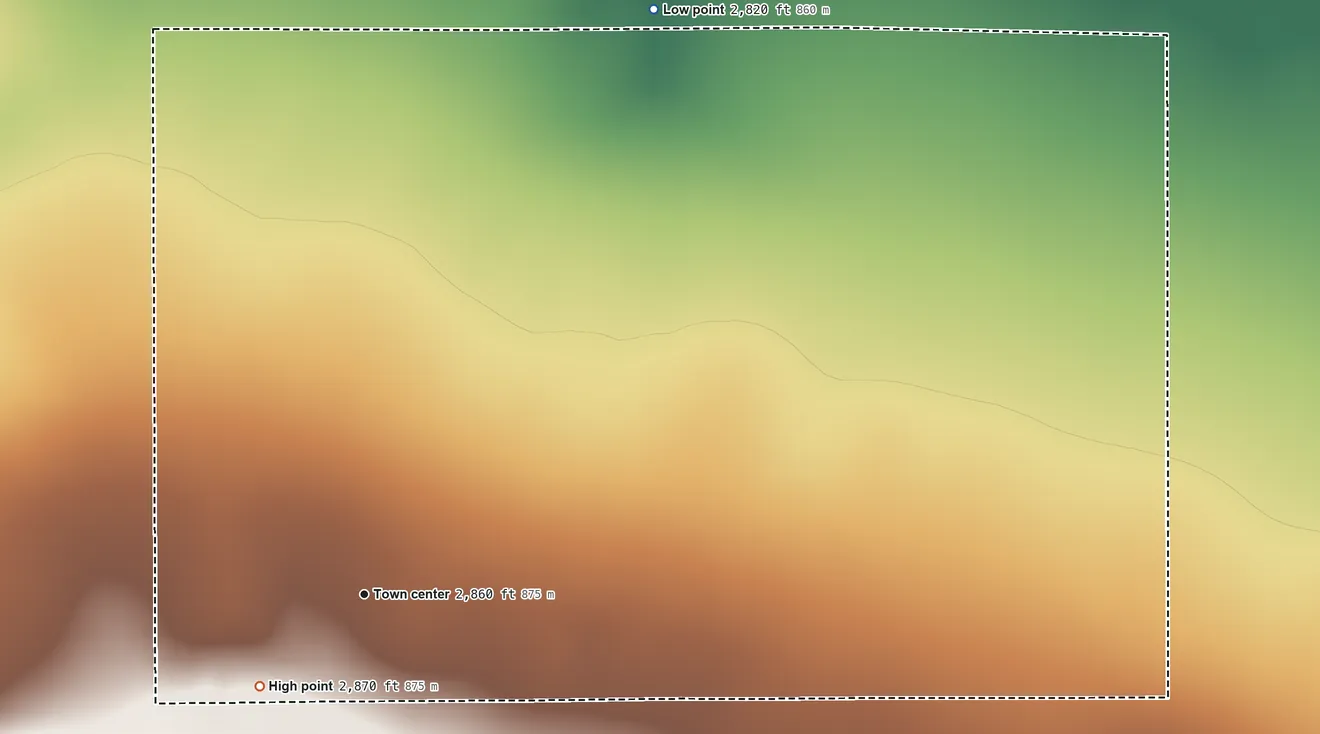Topographic elevation map of Loring Colony, Montana, shaded from 2,820 ft on the northeast side to 2,870 ft on the southwest side