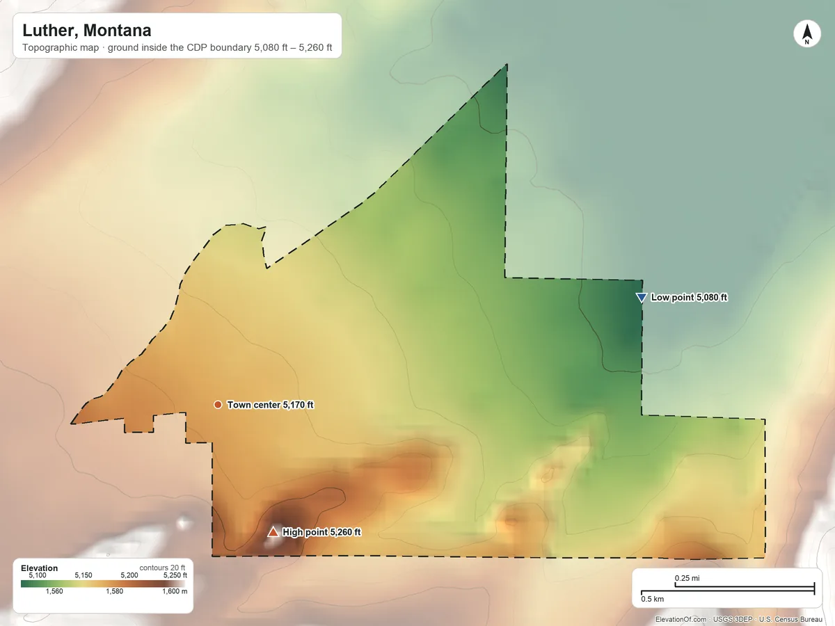 Topographic elevation map of Luther, Montana, shaded from 5,080 ft on the east side to 5,260 ft on the southeast edge, below higher ground just outside