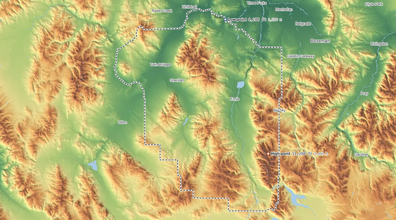 Topographic elevation map of Madison County, Montana, shaded from 4,200 ft on the north side to 11,298 ft on Taylor Peaks