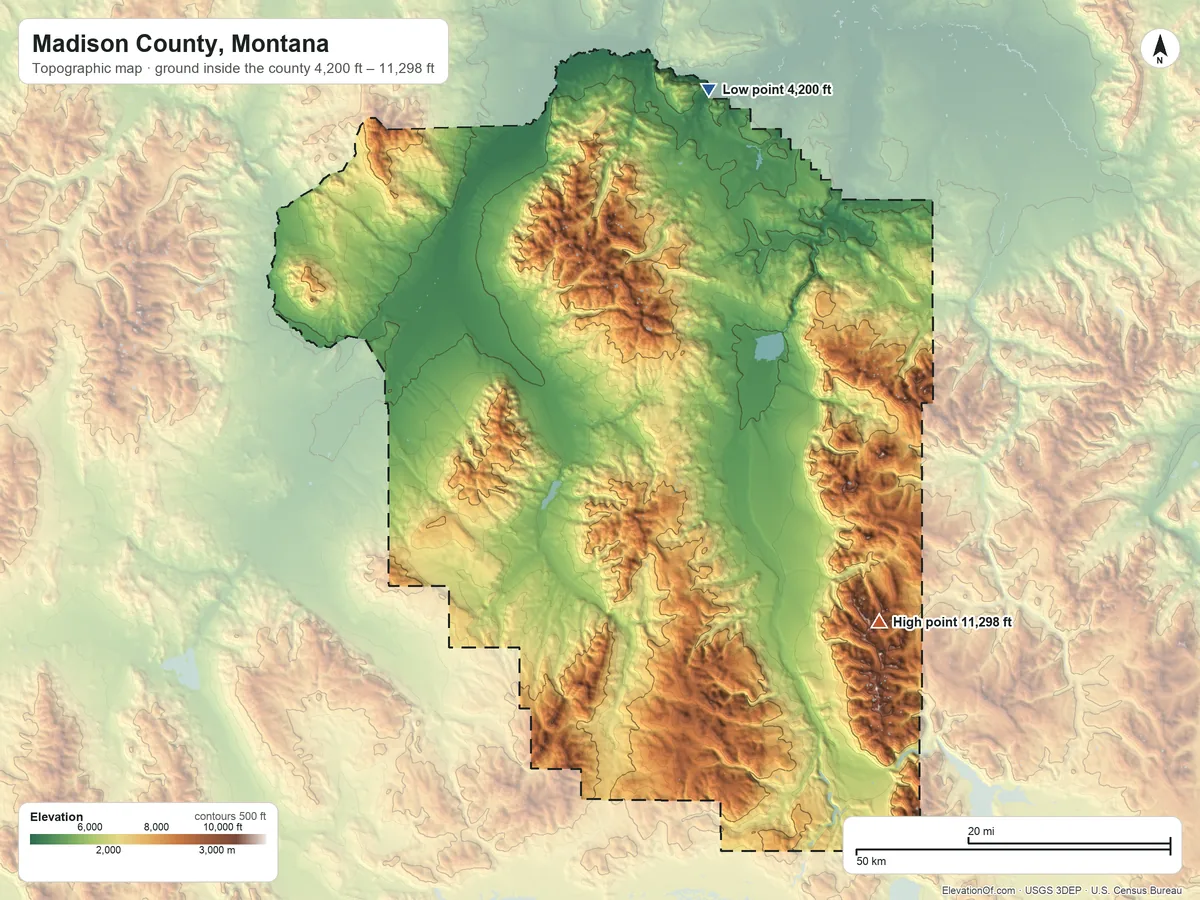 Topographic elevation map of Madison County, Montana, shaded from 4,200 ft on the north side to 11,298 ft on Taylor Peaks