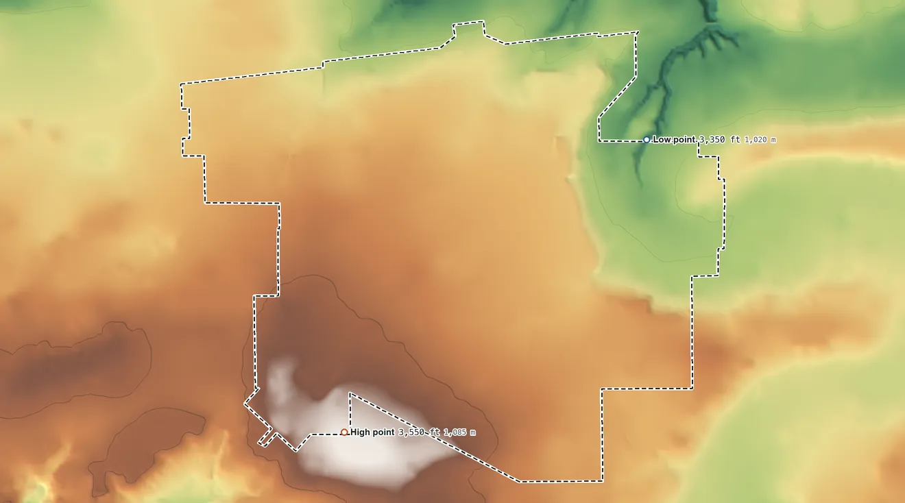 Topographic elevation map of Malmstrom AFB, Montana, shaded from 3,350 ft on the east side to 3,550 ft on the south side