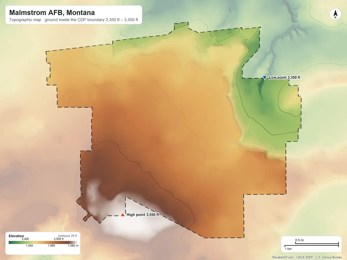 Topographic elevation map of Malmstrom AFB, Montana, shaded from 3,350 ft on the east side to 3,550 ft on the south side