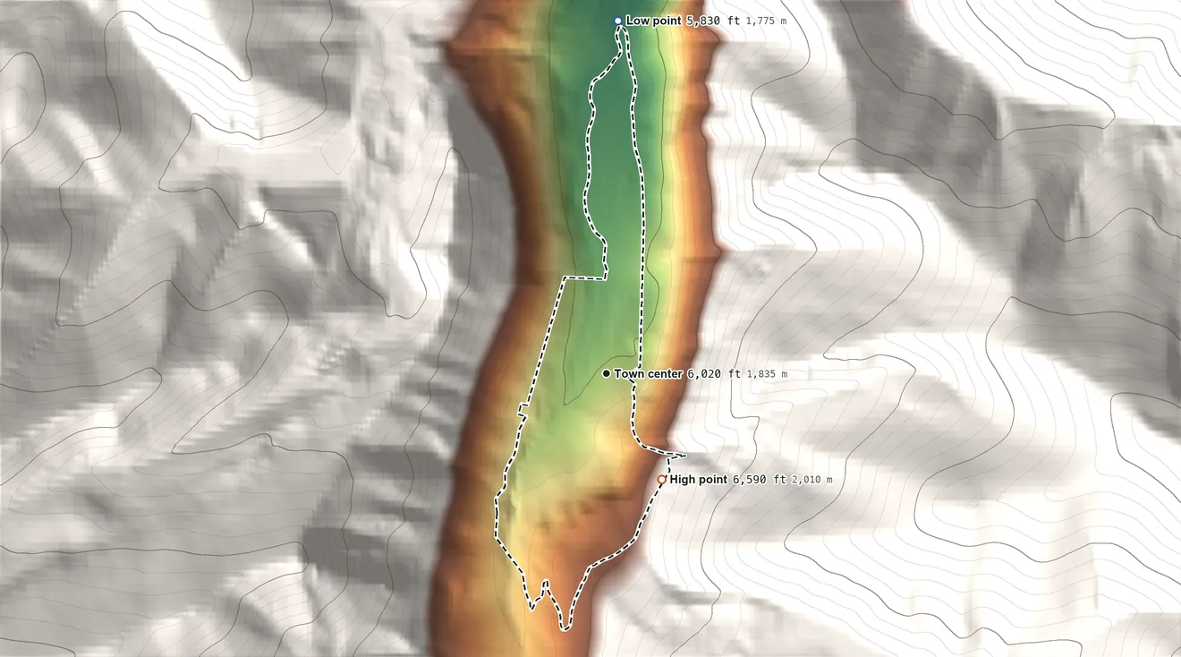 Topographic elevation map of Mammoth, Montana, shaded from 5,830 ft on the north side to 6,590 ft at the foot of the Tobacco Root Mountains